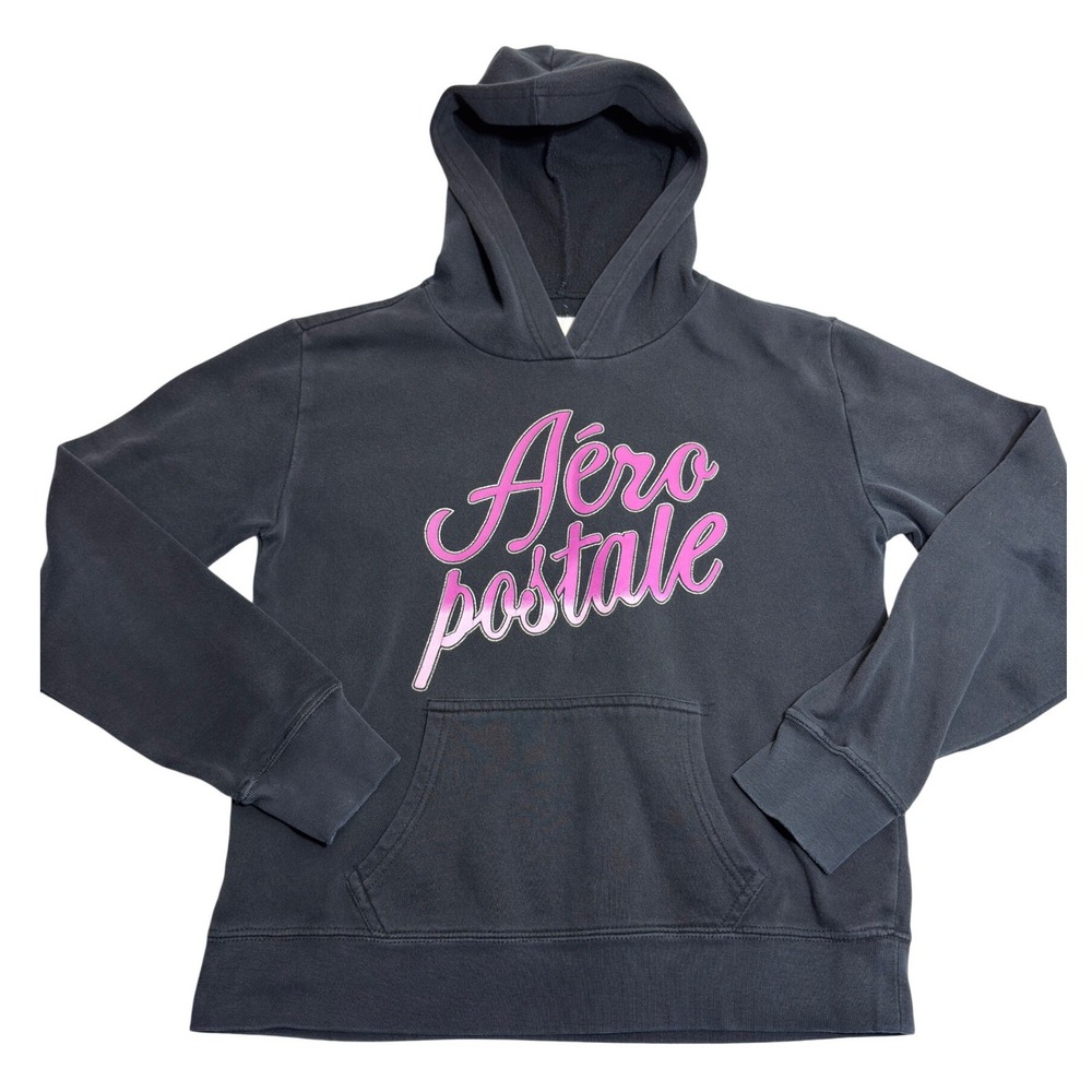 Aeropostale Hoodie Womens Medium Black Pink Graphic Logo Fleece Sweatshirt